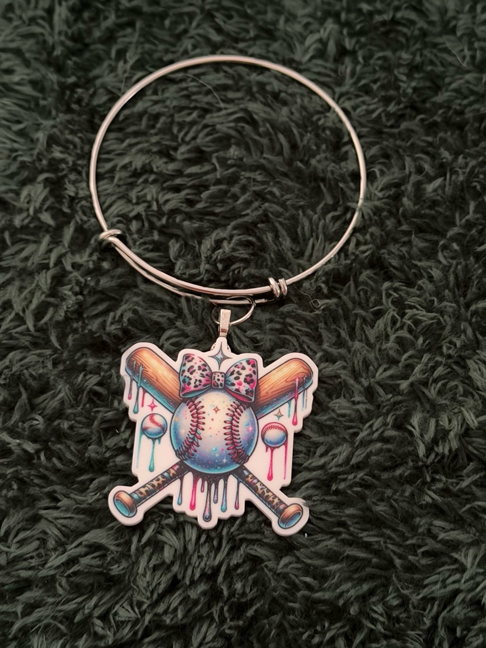 Silver Bangle Bracelet with Colorful Baseball Charm